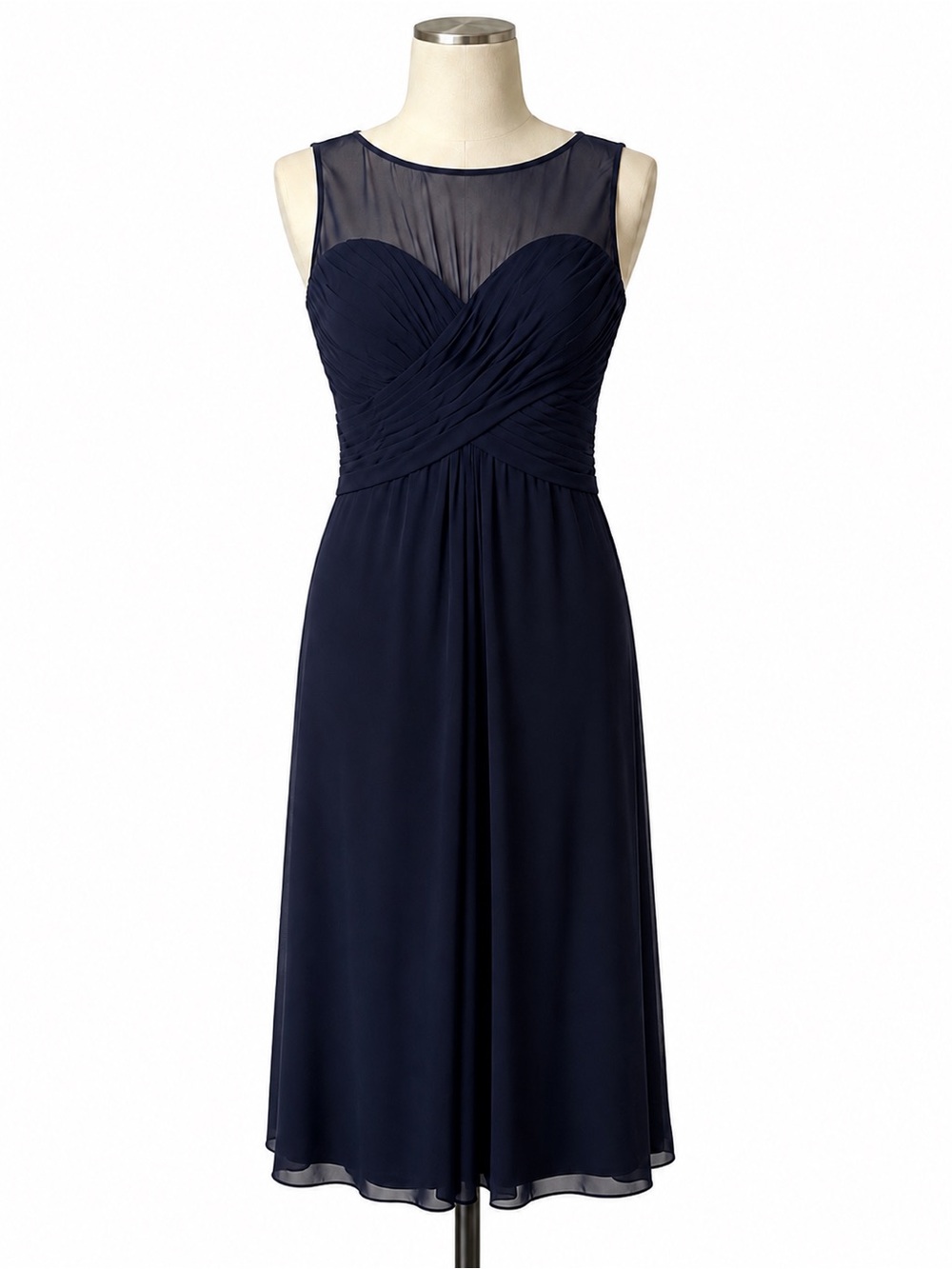 Navy Sleeveless Chiffon Midi Gown with Sheer Yoke